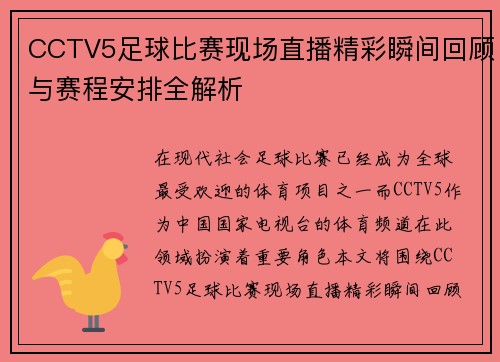 CCTV5足球比赛现场直播精彩瞬间回顾与赛程安排全解析